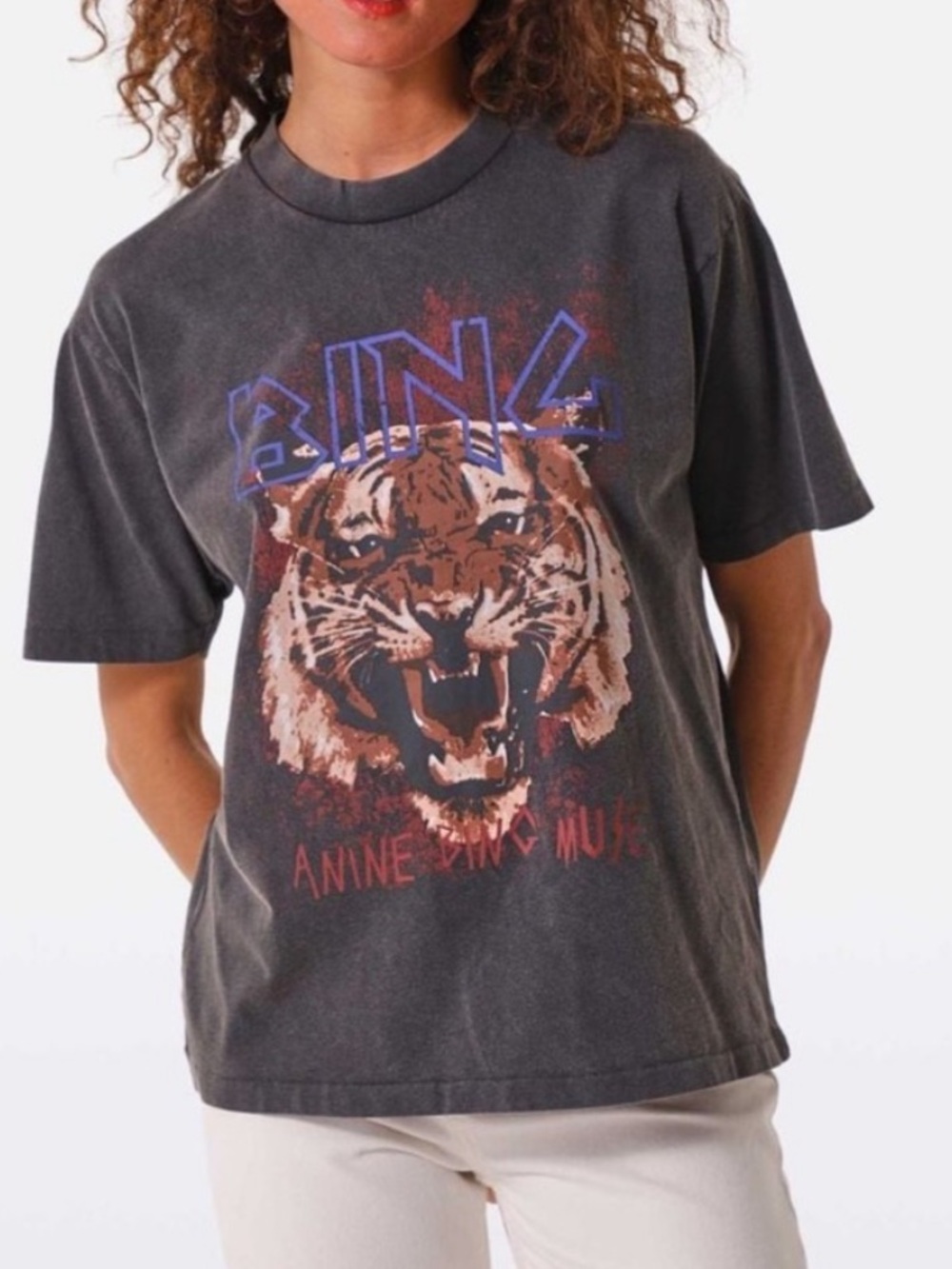 Anine Bing Charcoal Black Graphic Tiger Tee with Blue Logo